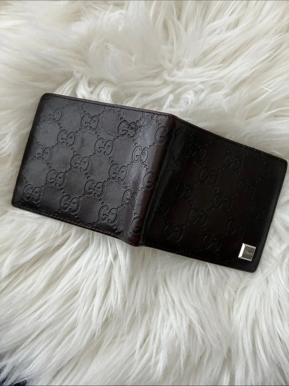 Gucci Dark Brown Embossed GG Leather Wallet with Silver Plaque